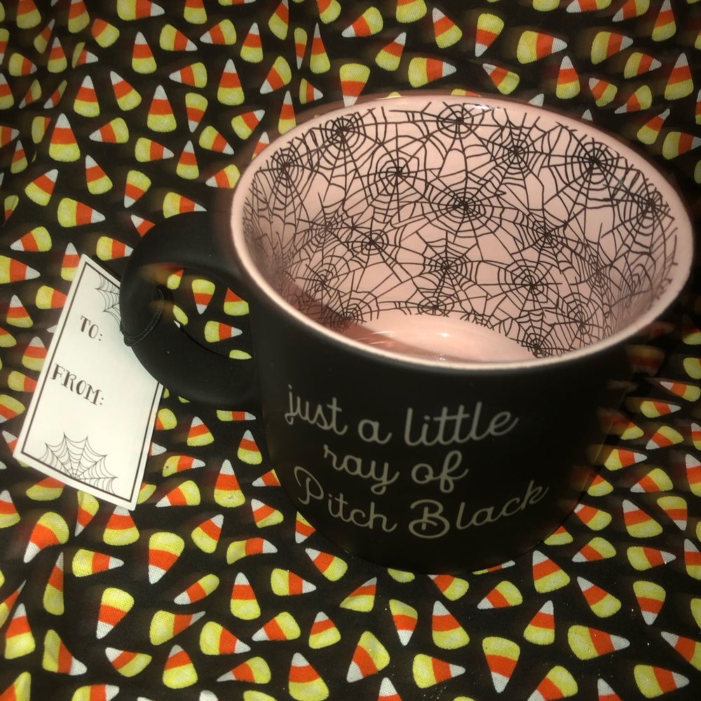 🖤 Just a little ray of pitch black ceramic mug with Pink Spiderweb Interior